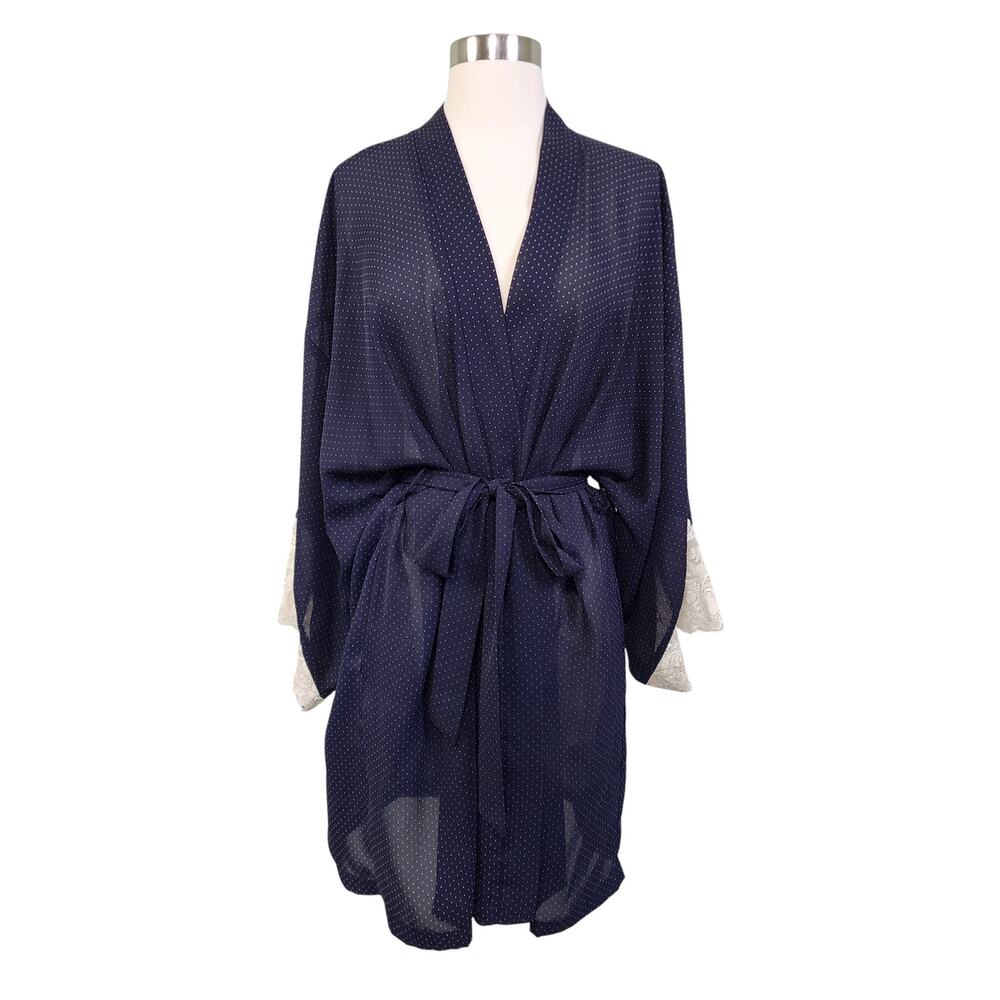 Amelias Womens Vintage Sheer Polka Dot Robe Size Large Navy Blue White Lace Cuff